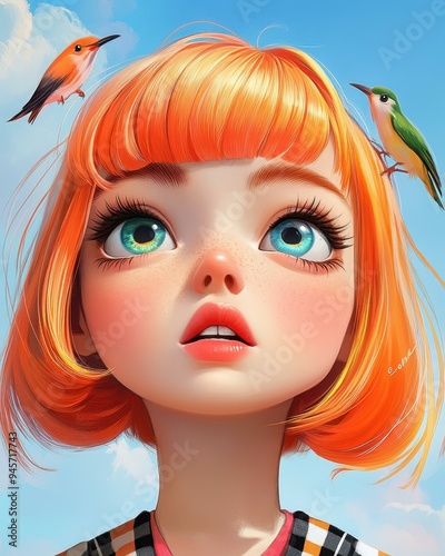 Experience vibrant character animations with colorful hair, backed by lively music and hyperrealistic illustration styles. photo