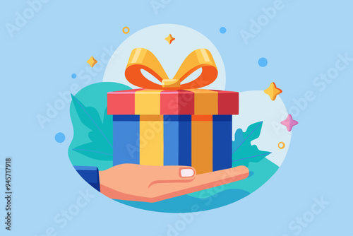 Gift reward program, bonus or surprise present for customer, employee reward or lucky prize, birthday gift box or festive incentive, special loyalty program concept, hand giving gift box with ribbon.
