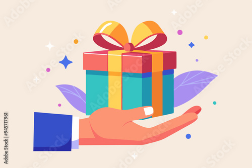 Gift reward program, bonus or surprise present for customer, employee reward or lucky prize, birthday gift box or festive incentive, special loyalty program concept, hand giving gift box with ribbon.
