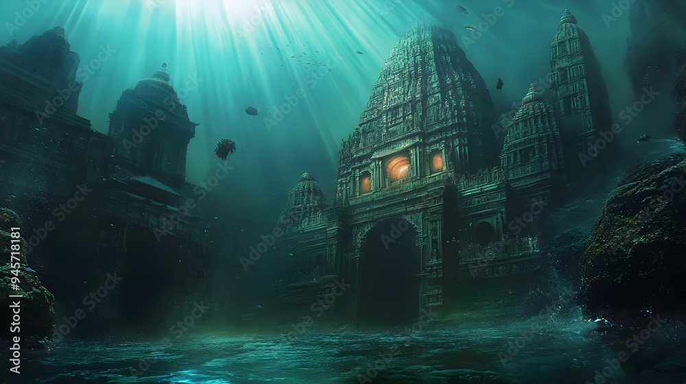 Fototapeta premium Glowing Underwater Ruins of an Ancient Mysterious Submerged City