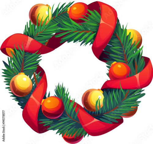 Cartoon Christmas holiday wreath with green pine tree branches, red ribbon and golden ornaments. Vector festive traditional xmas wreath, seasonal holiday decoration for greeting cards and celebrations