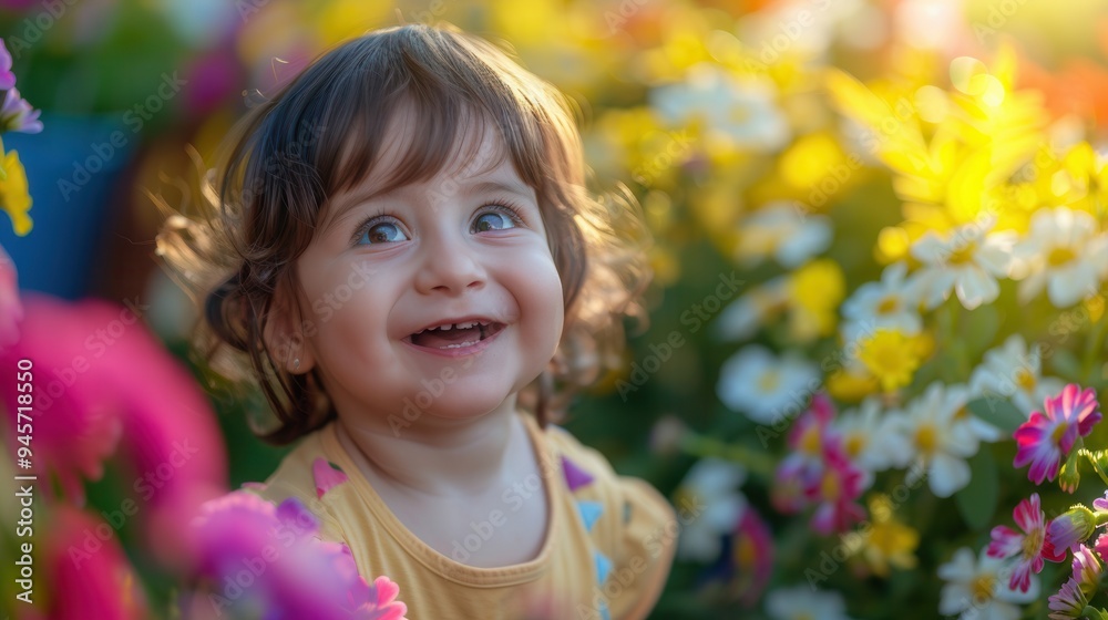 A cheerful toddler enjoys playing among vibrant flowers, bringing joy to the garden on a warm, sunny day. Generative AI A cheerful toddler enjoys playing among vibrant flowers, bringing joy to the garden on a warm, sunny day. Generative AI