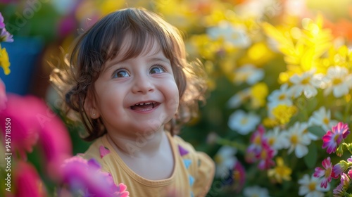 A cheerful toddler enjoys playing among vibrant flowers, bringing joy to the garden on a warm, sunny day. Generative AI