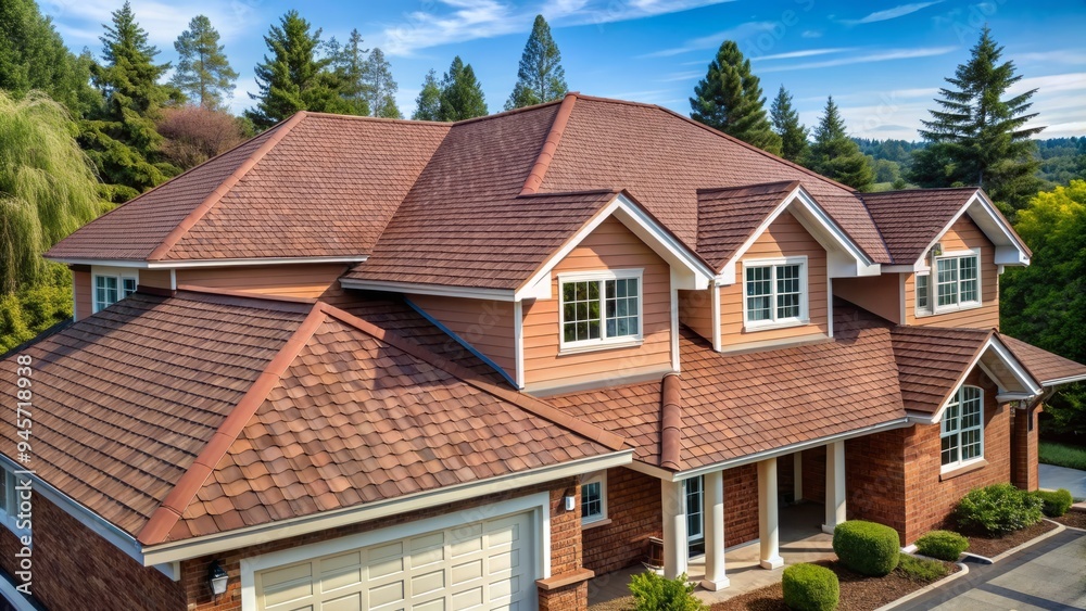 A newly installed asphalt shingle roof withterra cotta-colored shingles and a slightly weathered finish, covering a modern suburban house with clean lines and minimalist exterior. A newly installed asphalt shingle roof withterra cotta-colored shingles and a slightly weathered finish, covering a modern suburban house with clean lines and minimalist exterior.
