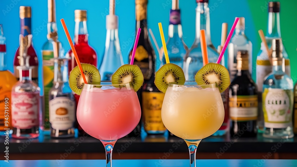 Two pink and yellow cocktails in the glass with straw and kiwi, and bar bottles row on the background