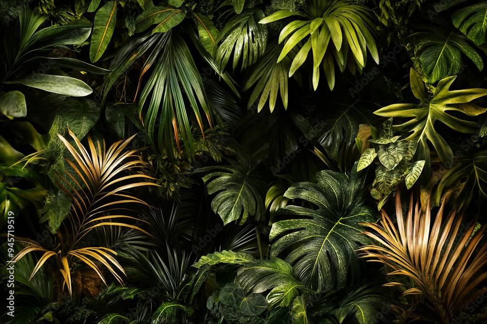 A dense collection of tropical leaves in varying shades of green and brown, creating a lush, textured background.