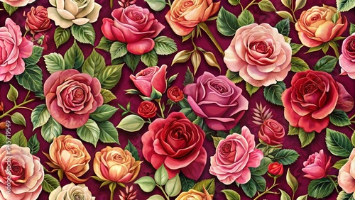 seamless pattern with realistic red roses and leaves 