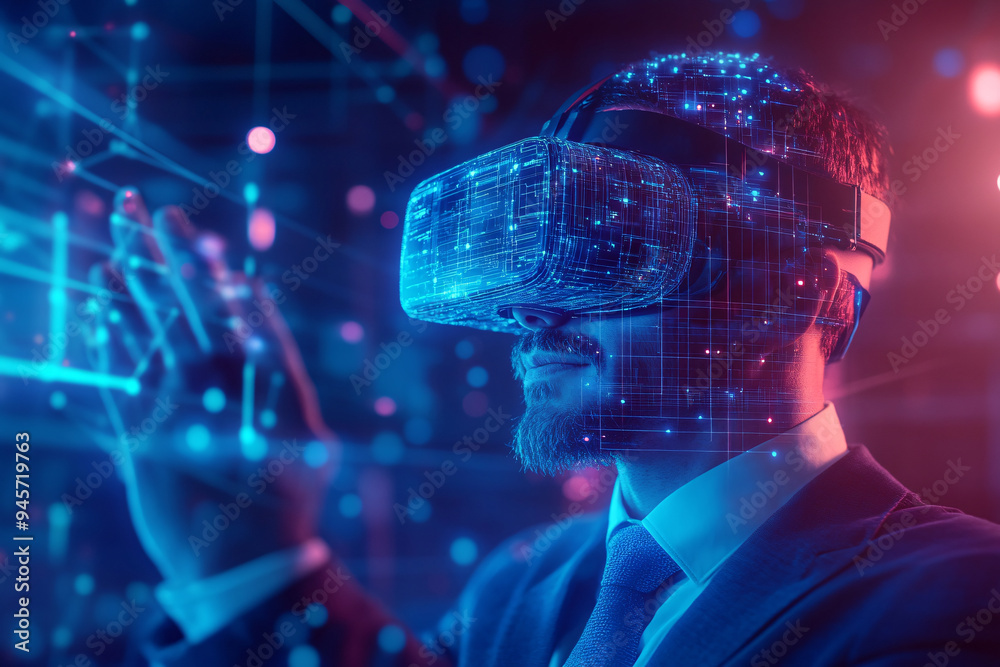 Obraz premium Virtual Reality Businessman: A businessman wearing a VR headset interacts with a futuristic digital interface, showcasing the potential of immersive technology in business. The image evokes a sense of