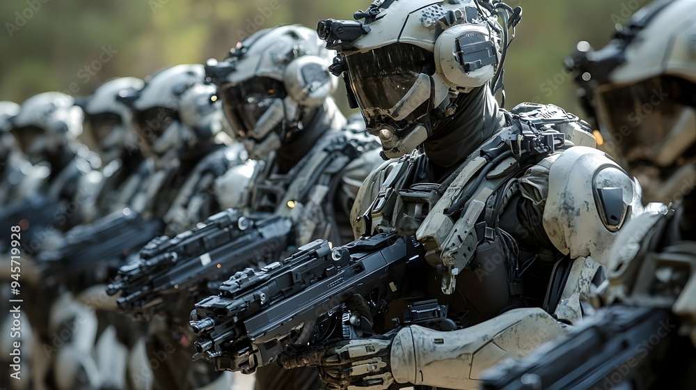 Highly Trained Military Soldiers in Exoskeleton Suits Conducting Tactical Highly Trained Military Soldiers in Exoskeleton Suits Conducting Tactical