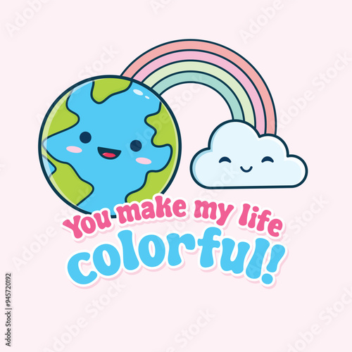 Cute Earth Mascot with Colorful Rainbow and cloud illustration for t shirt design