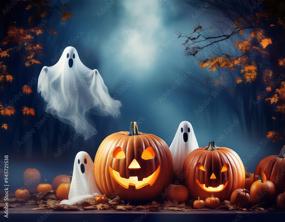 Halloween background with pumpkins, ghosts and foggy forest. Halloween background with pumpkins, ghosts and foggy forest.