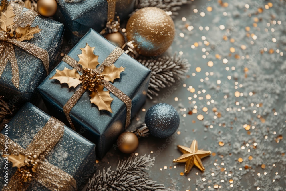 Elegant Christmas presents wrapped in teal and gold with festive decorations, arranged on a light background.
