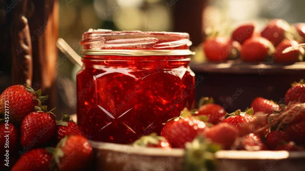 Jar of tasty rhubarb jam, fresh stems and strawberries on wooden table. Neural network ai generated art Jar of tasty rhubarb jam, fresh stems and strawberries on wooden table. Neural network ai generated art