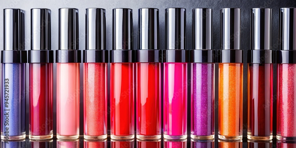 Vibrant lip glosses in a rainbow of colors, from bold reds and pinks to soft purples and corals, displayed on a sleek, modern background. Vibrant lip glosses in a rainbow of colors, from bold reds and pinks to soft purples and corals, displayed on a sleek, modern background.