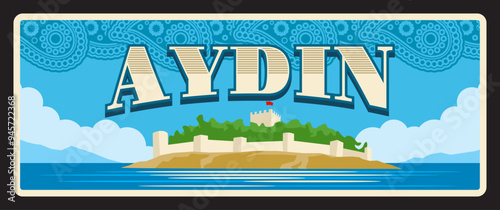 Aydin ili, il or province in Turkey, Turkish territory or region. Vector travel plate, vintage sign, retro postcard design. Old souvenir plaque with fortification landmark and seascape