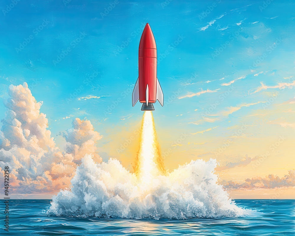 Fototapeta premium A red rocket launches over the ocean, surrounded by clouds, symbolizing adventure and innovation in a vibrant sunset.