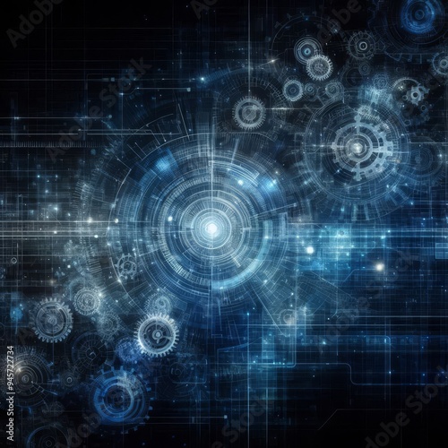 Abstract blue digital technology background with gears and cogs, dark color palette 