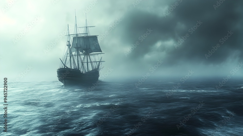 Mysterious Ghostly Sailing Ship Drifting in Turbulent Seascape Mysterious Ghostly Sailing Ship Drifting in Turbulent Seascape