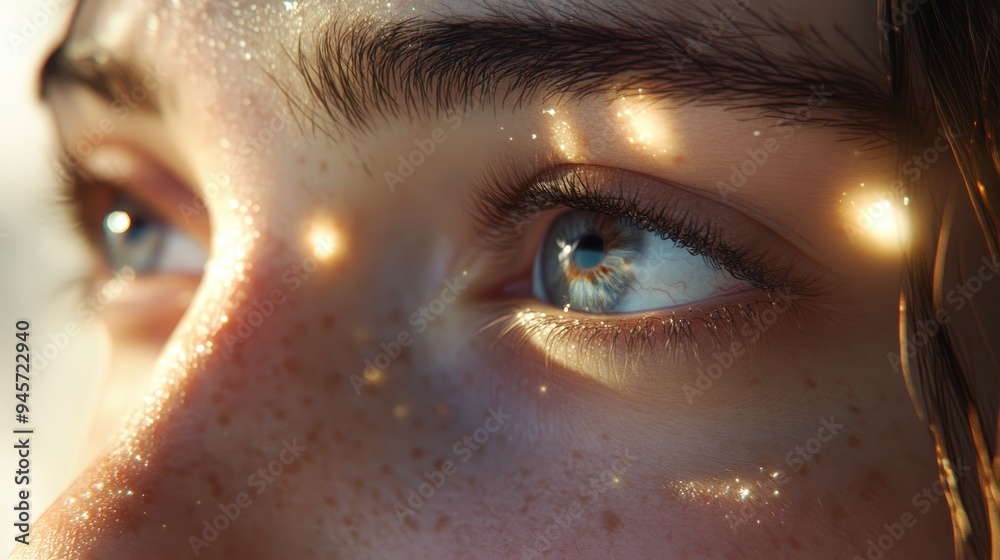 Close-Up of a Blue Eye with Golden Glitter and Light Reflections