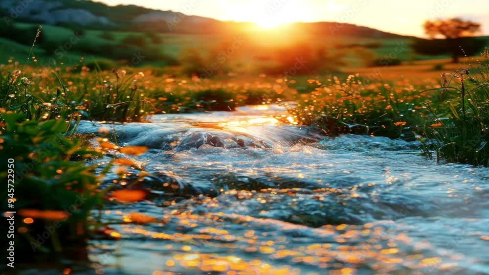 Close-up object of clear water flowing in a river creates exotic splashes of water when hit by the reflection of sunlight and is complemented by grass in the background of mountains Close-up object of clear water flowing in a river creates exotic splashes of water when hit by the reflection of sunlight and is complemented by grass in the background of mountains