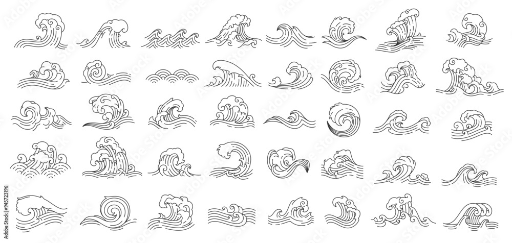 Asian Japanese or Chinese sea and ocean wave icons, vector thin line art decoration. Wave icon of sea water ripples and ocean tide surfs with wavy splash for Asian Japanese or Chinese ornament pattern Asian Japanese or Chinese sea and ocean wave icons, vector thin line art decoration. Wave icon of sea water ripples and ocean tide surfs with wavy splash for Asian Japanese or Chinese ornament pattern