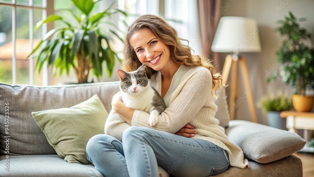 A serene, smiling woman sits on a couch, gently cradling a adorable gray and white cat, surrounded by soft natural light and cozy home decor. A serene, smiling woman sits on a couch, gently cradling a adorable gray and white cat, surrounded by soft natural light and cozy home decor.