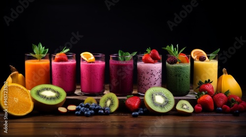 Citrus fruit juices, fresh and smoothies, food background. Neural network ai generated art