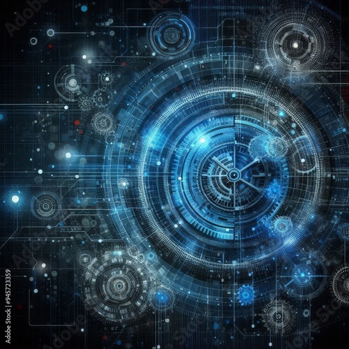 Abstract blue digital technology background with gears and cogs, dark color palette 