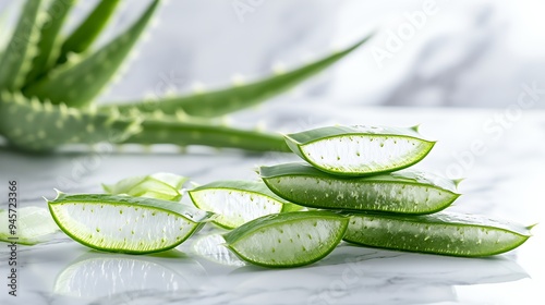 Fresh aloe vera slices arranged on a marble surface with aloe plant in the background.