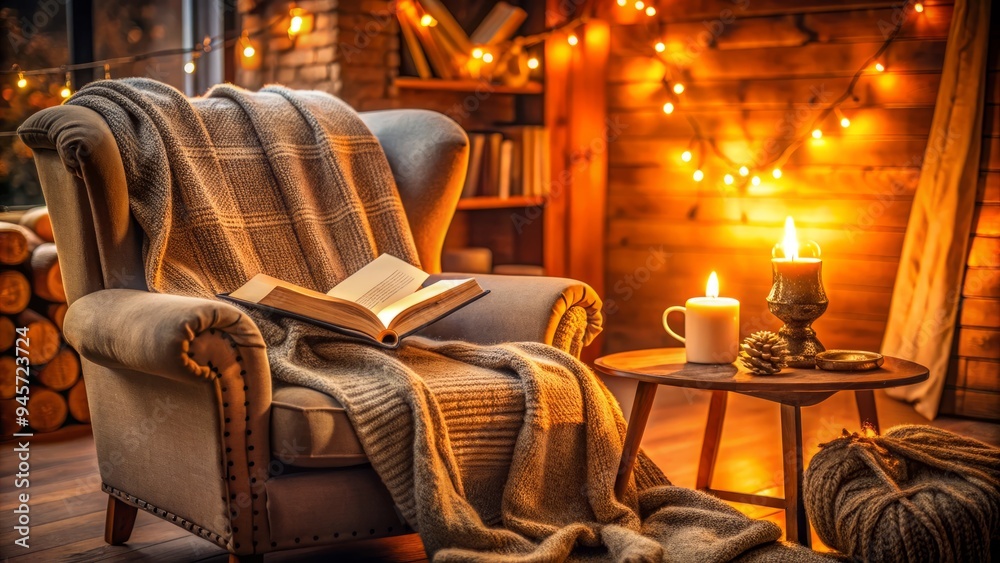 A serene atmosphere surrounds a comfortable armchair, where an open book lies on a lap, surrounded by warm lighting and cozy throw blankets. A serene atmosphere surrounds a comfortable armchair, where an open book lies on a lap, surrounded by warm lighting and cozy throw blankets.