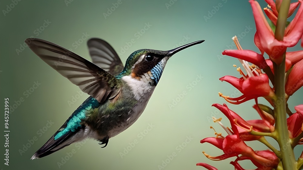 Fototapeta premium Hummingbird and Hamelia Flowers, Realistic Vector of Male Bee Hummingbird Sipping Nectar