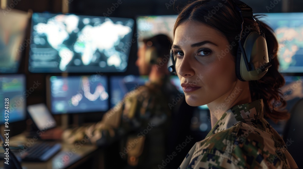 The military woman with headset The military woman with headset