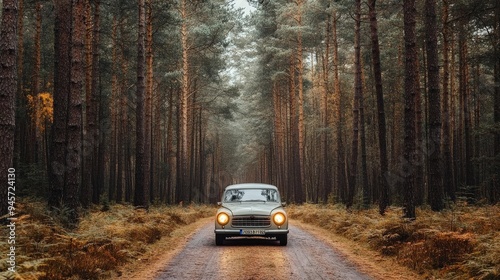 Road trip with a vintage car in a pine forest, nostalgic and adventurous