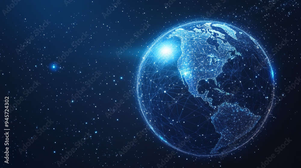 An abstract representation of Earth, depicted as a starry sky or cosmic realm. The planet is illustrated with a network of points, lines, and geometric shapes that simulate the appearance of planets. An abstract representation of Earth, depicted as a starry sky or cosmic realm. The planet is illustrated with a network of points, lines, and geometric shapes that simulate the appearance of planets.