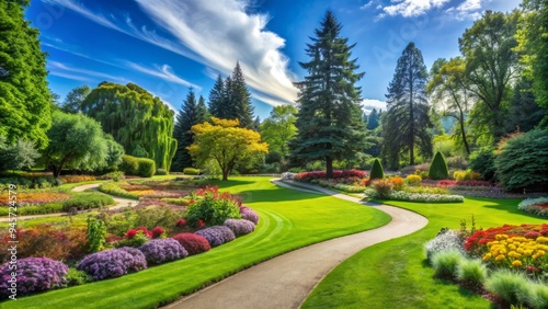 A serene small park with lush green grass, vibrant flowers, and a winding path surrounded by tall trees under a clear blue sky.