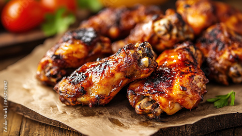 Close-up of grilled chicken wings with a golden-brown, crispy exterior and juicy interior, set against a rustic background, highlighting the rich flavors and appealing textures of the dish. photo