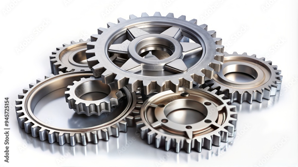 A set of interlocking metal gears, isolated on a white background, showcase intricate mechanical details, highlighting Industrial precision and complexity in a clean, minimalist style. A set of interlocking metal gears, isolated on a white background, showcase intricate mechanical details, highlighting Industrial precision and complexity in a clean, minimalist style.