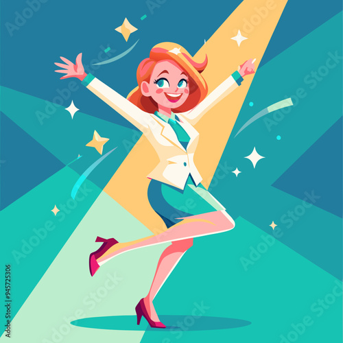Exuberant businesswoman leaping with joy against geometric background