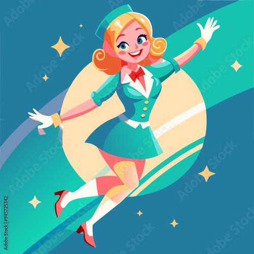 Cheerful female flight attendant in uniform waving against teal background