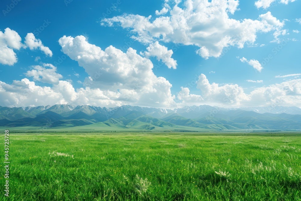 Fototapeta premium Majestic Mountain Landscape with Lush Green Meadow