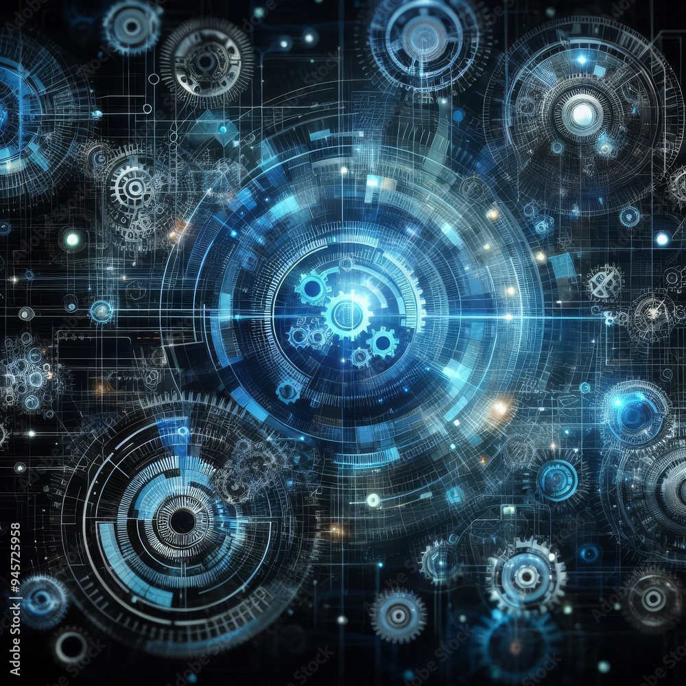 Obraz premium Abstract blue digital technology background with gears and cogs, dark color palette 