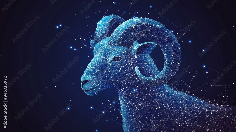 An abstract representation of a ram, crafted to resemble a starry sky or cosmic expanse. The ram's form is illustrated using a network of points, lines, and geometric shapes that evoke planets, stars, An abstract representation of a ram, crafted to resemble a starry sky or cosmic expanse. The ram's form is illustrated using a network of points, lines, and geometric shapes that evoke planets, stars,