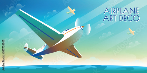 Luxury passenger plane over the earth. Handmade drawing vector illustration. Art Deco style poster.