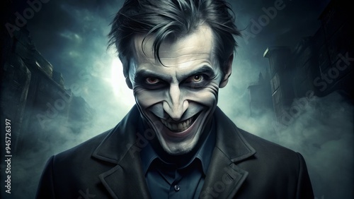 A sinister and menacing individual with a malicious grin, reveling in wicked intentions, as dark shadows loom in the eerie and ominous background atmosphere.