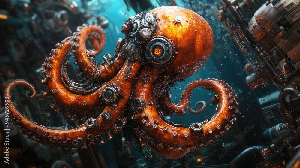 Obraz premium Steampunk octopus in a deep-sea setting, designed as a cyborg. The blend of mechanical and marine elements creates a unique and imaginative visual.