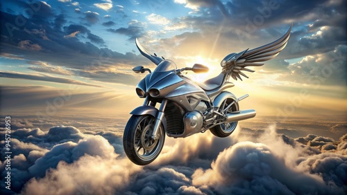 A sleek, high-tech motorcycle with gleaming silver wings extended, soaring through a swirling vortex of clouds and mist, conveying freedom and limitless adventure. photo