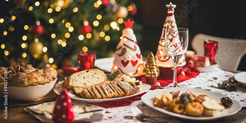 Festive Christmas dinner table filled with delicious food and New Year decorations