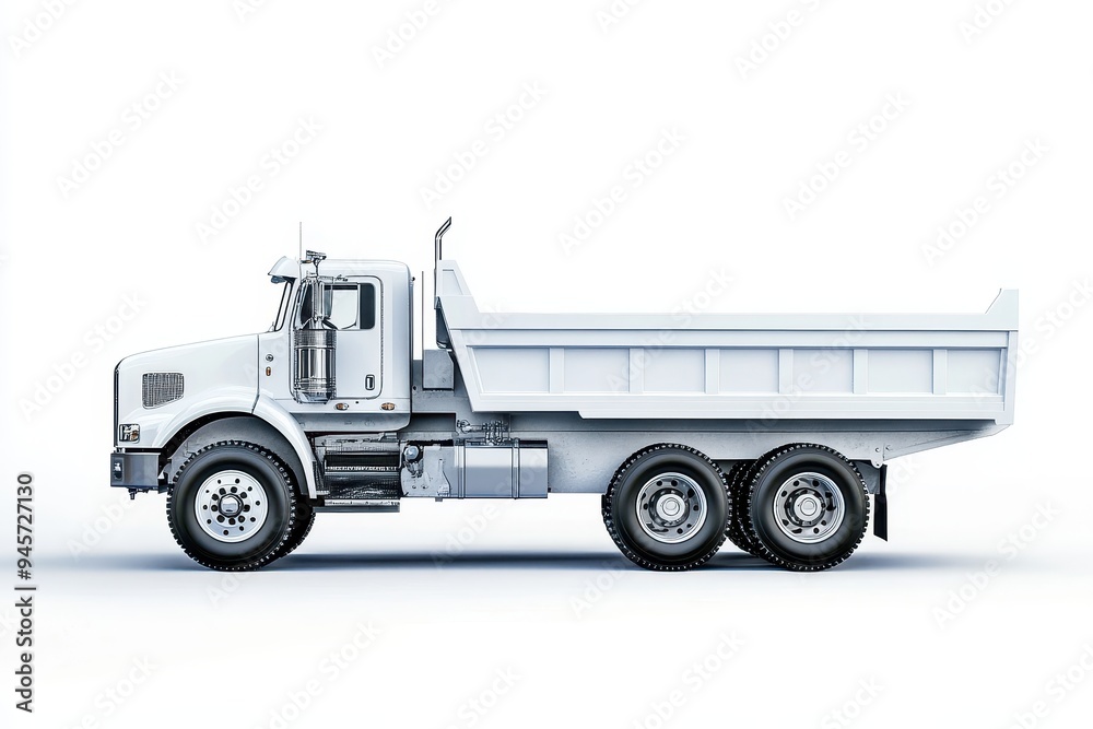 A side view of a white dump truck designed for transporting and unloading materials. A side view of a white dump truck designed for transporting and unloading materials.