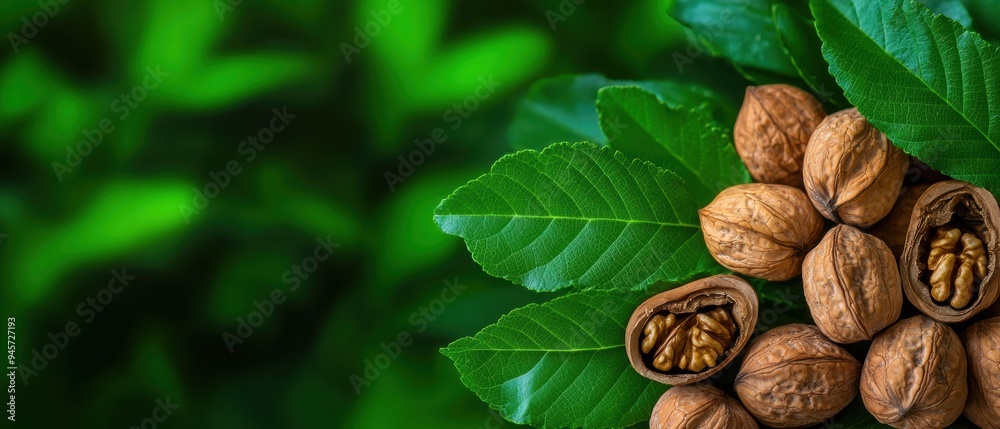A Cluster of Fresh Walnuts and Green Leaves on a Green Nature Background A Cluster of Fresh Walnuts and Green Leaves on a Green Nature Background
