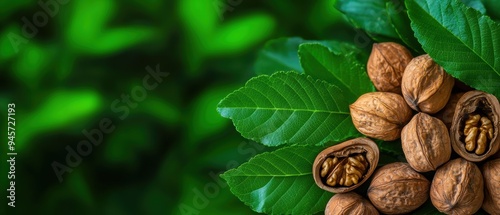 A Cluster of Fresh Walnuts and Green Leaves on a Green Nature Background